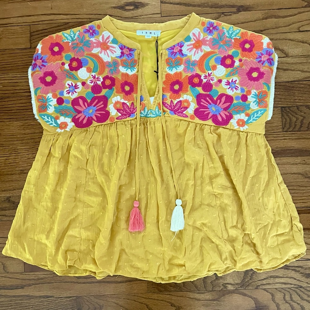 THML Yellow Colorful Floral Embroidery Tassel Tie Neck Blouse Top Women’s XS NWT